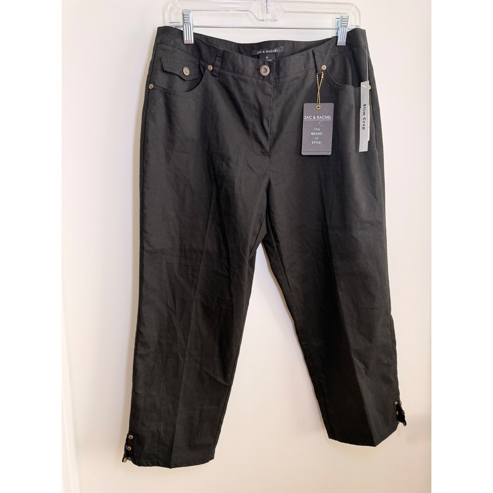 Zac & Rachel Slim Crop Pants Womens 10 Black NWT Studded Hem Stretch Trousers